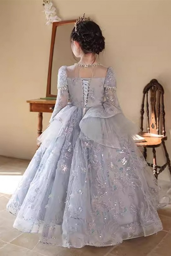 Gorgeous Princess Silver Lace Flower Girl Dresses with Long Sleeves XF101001 Gorgeous Princess Silver Lace Flower Girl Dresses with Long Sleeves XF101001