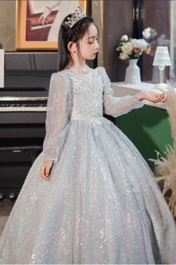 A-Line Princess Sparkly Flower Girl Dresses with Long Sleeves XF101002