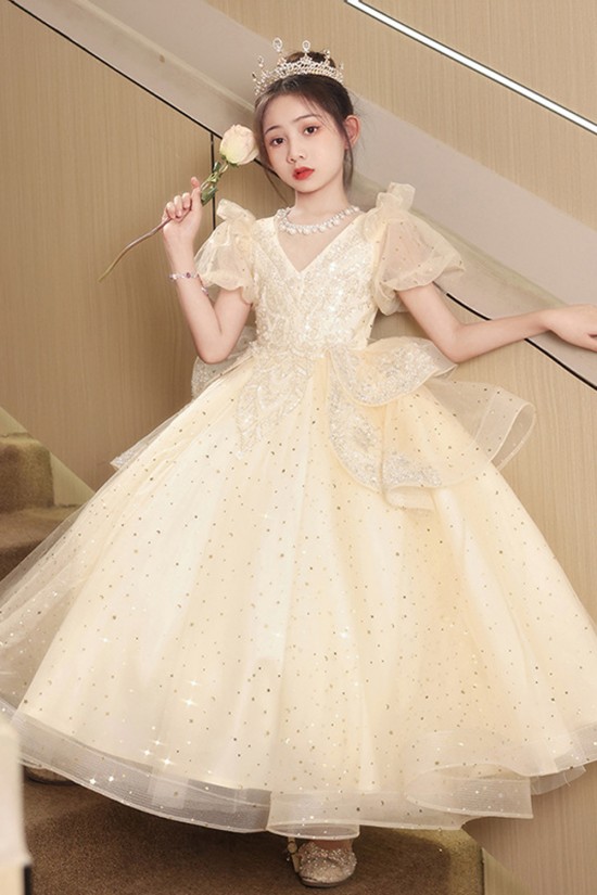 Kids Girls' Flower Girl Dress Party Dress Solid Color Short Sleeves Formal Performance Wedding Mesh Princess Tulle Dress Flower Girl's Dress Spring Fall Winter 2-12 XF101006