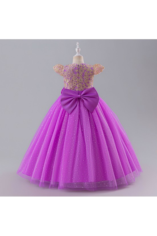 Princess Cap Sleeves Lace Flower Girl Dresses Performance Wedding Party Kids Dresses with Bow XF101012