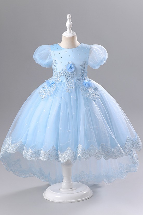 Princess High Low Puff Sleeves Tulle Lace Flower Girl Dresses Performance Birthday Party Dress XF101015