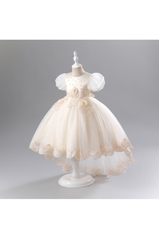 Princess High Low Puff Sleeves Tulle Lace Flower Girl Dresses Performance Birthday Party Dress XF101015