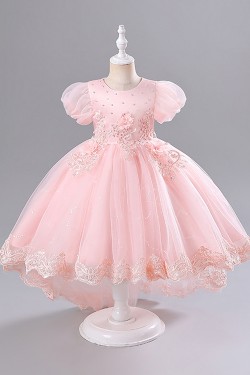 Princess High Low Puff Sleeves Tulle Lace Flower Girl Dresses Performance Birthday Party Dress XF101015