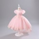 Princess High Low Puff Sleeves Tulle Lace Flower Girl Dresses Performance Birthday Party Dress XF101015