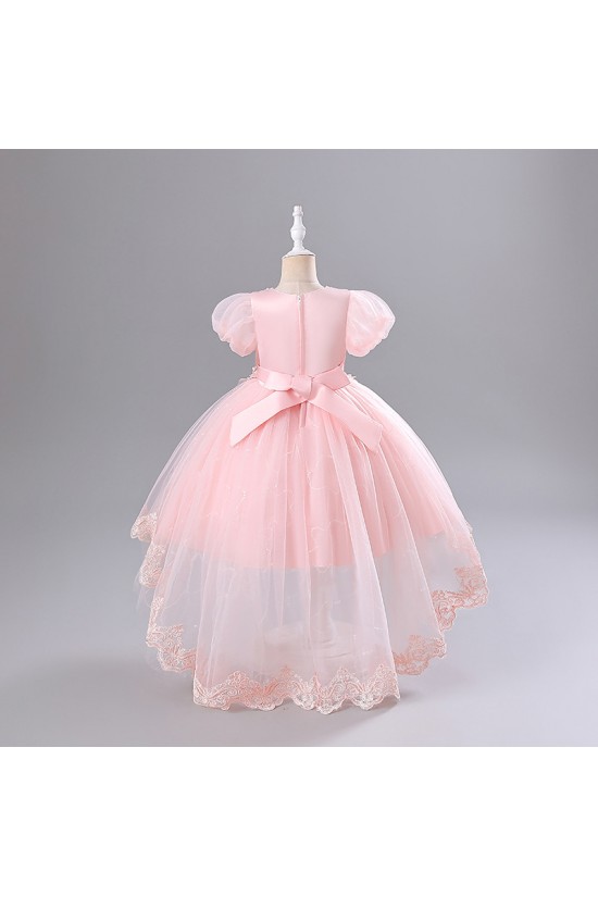 Princess High Low Puff Sleeves Tulle Lace Flower Girl Dresses Performance Birthday Party Dress XF101015