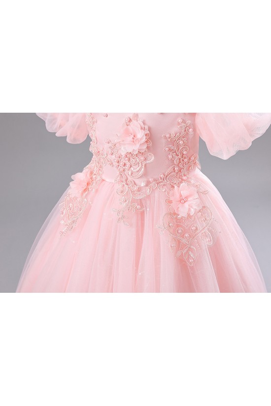 Princess High Low Puff Sleeves Tulle Lace Flower Girl Dresses Performance Birthday Party Dress XF101015
