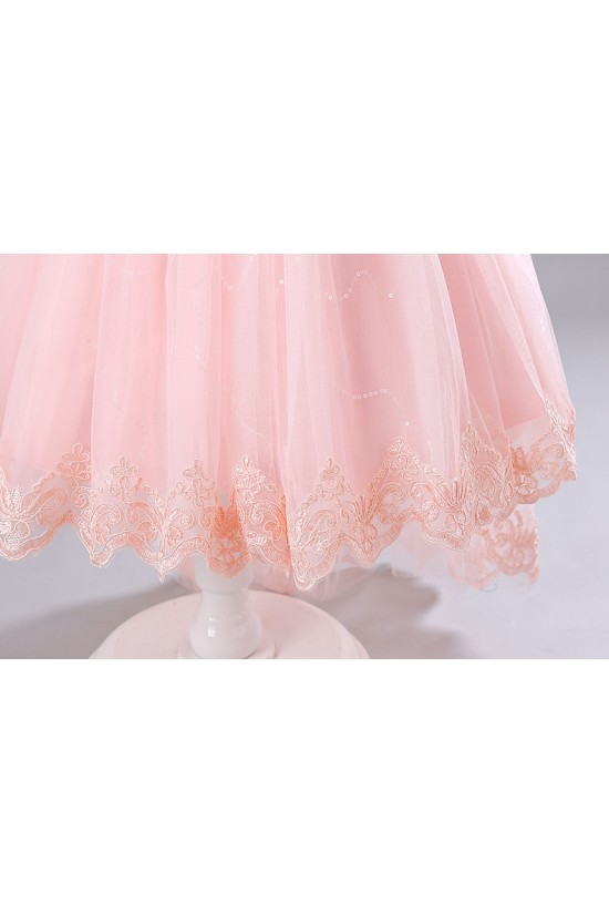 Princess High Low Puff Sleeves Tulle Lace Flower Girl Dresses Performance Birthday Party Dress XF101015