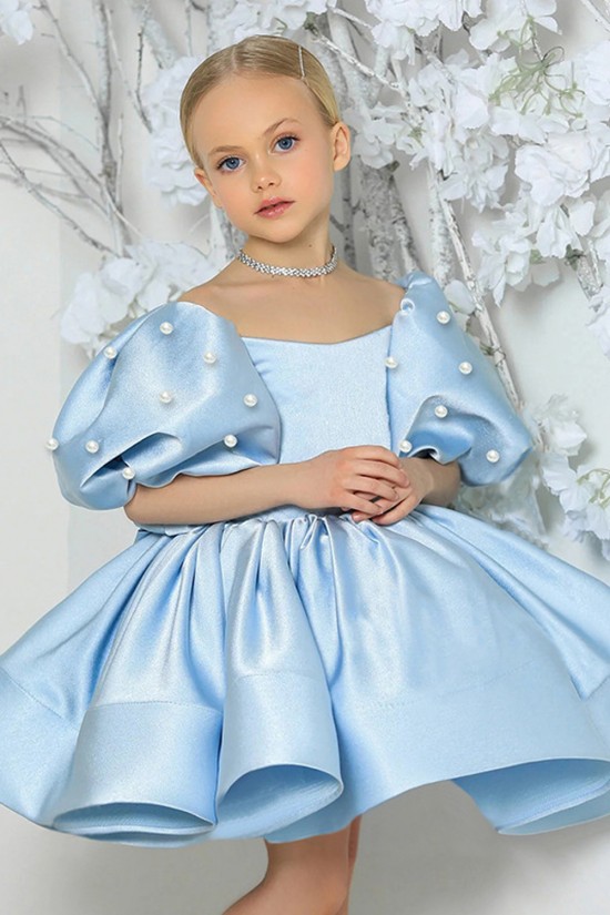 Cute Kids Girls' Ruched Puff Sleeves Flower Girl Dresses Solid Color Short Sleeve Formal Wedding Party Dresses XF101026 Cute Kids Girls' Ruched Puff Sleeves Flower Girl Dresses Solid Color Short Sleeve Formal Wedding Party Dresses XF101026