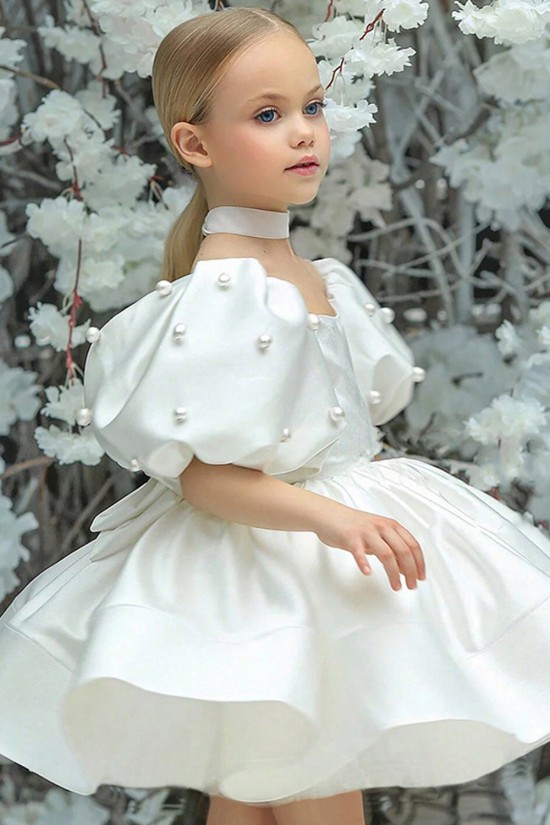 Cute Kids Girls' Ruched Puff Sleeves Flower Girl Dresses Solid Color Short Sleeve Formal Wedding Party Dresses XF101026 Cute Kids Girls' Ruched Puff Sleeves Flower Girl Dresses Solid Color Short Sleeve Formal Wedding Party Dresses XF101026