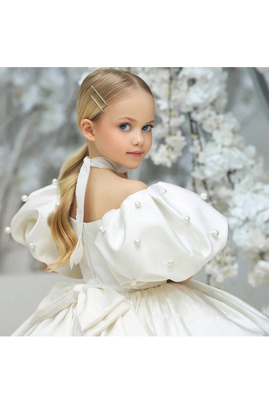 Cute Kids Girls' Ruched Puff Sleeves Flower Girl Dresses Solid Color Short Sleeve Formal Wedding Party Dresses XF101026 Cute Kids Girls' Ruched Puff Sleeves Flower Girl Dresses Solid Color Short Sleeve Formal Wedding Party Dresses XF101026
