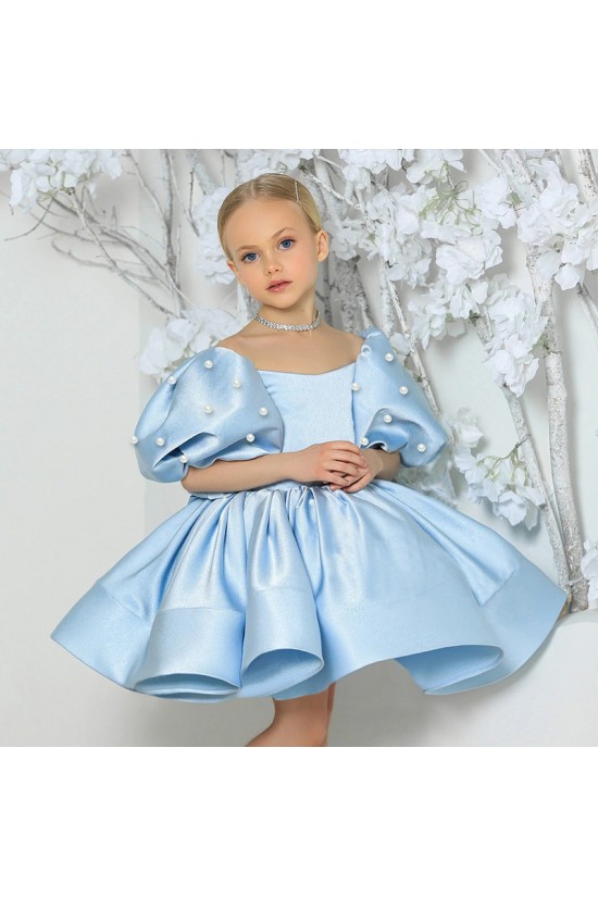 Cute Kids Girls' Ruched Puff Sleeves Flower Girl Dresses Solid Color Short Sleeve Formal Wedding Party Dresses XF101026 Cute Kids Girls' Ruched Puff Sleeves Flower Girl Dresses Solid Color Short Sleeve Formal Wedding Party Dresses XF101026