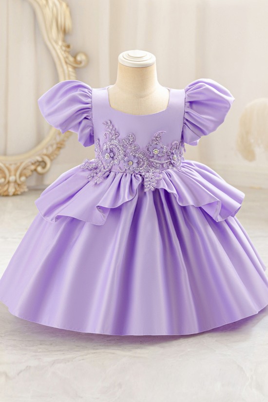 Girls Light Blue Satin Princess Dress with Puffed Sleeves and Floral Lace Appliques Formal Wedding Party Pageant Gown for Toddler Flower Girl Dresses XF101028