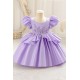 Girls Light Blue Satin Princess Dress with Puffed Sleeves and Floral Lace Appliques Formal Wedding Party Pageant Gown for Toddler Flower Girl Dresses XF101028