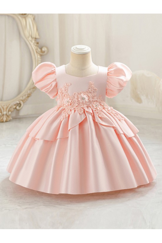 Girls Light Blue Satin Princess Dress with Puffed Sleeves and Floral Lace Appliques Formal Wedding Party Pageant Gown for Toddler Flower Girl Dresses XF101028