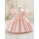 Girls Light Blue Satin Princess Dress with Puffed Sleeves and Floral Lace Appliques Formal Wedding Party Pageant Gown for Toddler Flower Girl Dresses XF101028