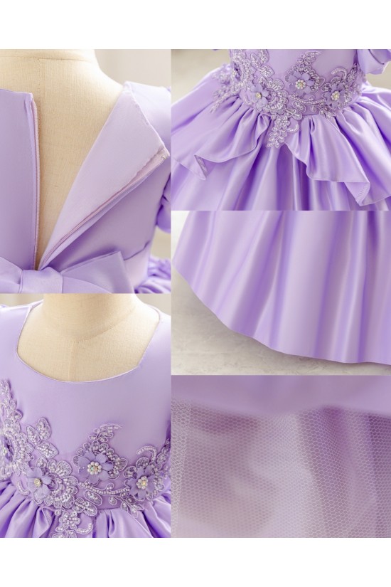Girls Light Blue Satin Princess Dress with Puffed Sleeves and Floral Lace Appliques Formal Wedding Party Pageant Gown for Toddler Flower Girl Dresses XF101028