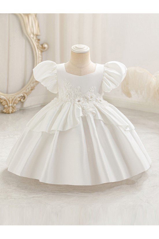 Girls Light Blue Satin Princess Dress with Puffed Sleeves and Floral Lace Appliques Formal Wedding Party Pageant Gown for Toddler Flower Girl Dresses XF101028