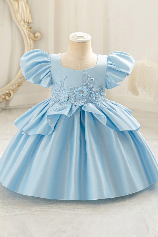 Girls Light Blue Satin Princess Dress with Puffed Sleeves and Floral Lace Appliques Formal Wedding Party Pageant Gown for Toddler Flower Girl Dresses XF101028