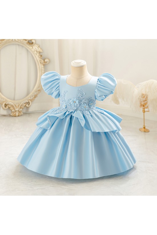 Girls Light Blue Satin Princess Dress with Puffed Sleeves and Floral Lace Appliques Formal Wedding Party Pageant Gown for Toddler Flower Girl Dresses XF101028