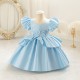Girls Light Blue Satin Princess Dress with Puffed Sleeves and Floral Lace Appliques Formal Wedding Party Pageant Gown for Toddler Flower Girl Dresses XF101028