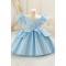 Girls Light Blue Satin Princess Dress with Puffed Sleeves and Floral Lace Appliques Formal Wedding Party Pageant Gown for Toddler Flower Girl Dresses XF101028