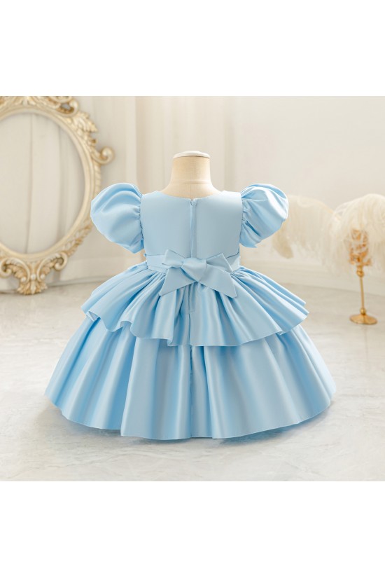Girls Light Blue Satin Princess Dress with Puffed Sleeves and Floral Lace Appliques Formal Wedding Party Pageant Gown for Toddler Flower Girl Dresses XF101028