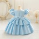 Girls Light Blue Satin Princess Dress with Puffed Sleeves and Floral Lace Appliques Formal Wedding Party Pageant Gown for Toddler Flower Girl Dresses XF101028