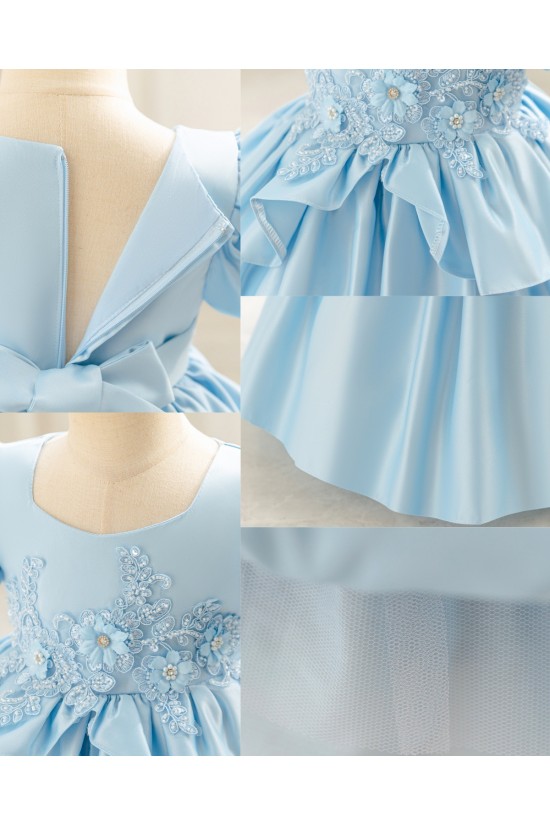 Girls Light Blue Satin Princess Dress with Puffed Sleeves and Floral Lace Appliques Formal Wedding Party Pageant Gown for Toddler Flower Girl Dresses XF101028