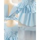 Girls Light Blue Satin Princess Dress with Puffed Sleeves and Floral Lace Appliques Formal Wedding Party Pageant Gown for Toddler Flower Girl Dresses XF101028