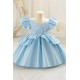 Girls Light Blue Satin Princess Dress with Puffed Sleeves and Floral Lace Appliques Formal Wedding Party Pageant Gown for Toddler Flower Girl Dresses XF101028