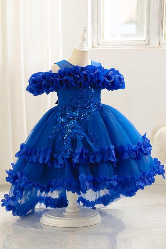 Pink Ruffled Tulle Princess Dress Off-the-Shoulder Sequin Floral Appliques Formal Wedding Pageant Gown for Toddler Girls Flower Girl Dresses XF101030