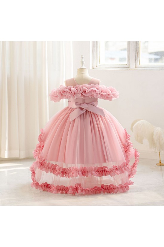 Pink Ruffled Tulle Princess Dress Off-the-Shoulder Sequin Floral Appliques Formal Wedding Pageant Gown for Toddler Girls Flower Girl Dresses XF101030