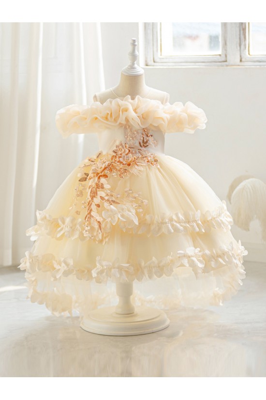 Pink Ruffled Tulle Princess Dress Off-the-Shoulder Sequin Floral Appliques Formal Wedding Pageant Gown for Toddler Girls Flower Girl Dresses XF101030