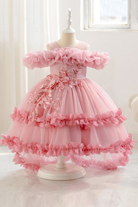 Pink Ruffled Tulle Princess Dress Off-the-Shoulder Sequin Floral Appliques Formal Wedding Pageant Gown for Toddler Girls Flower Girl Dresses XF101030