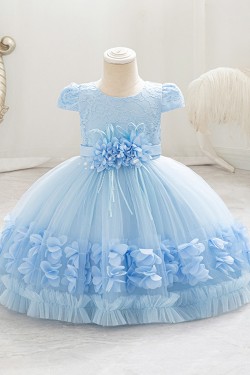 Blush Pink Lace Tulle Flower Girl Dresses with 3D Floral Waist Accent and Petal Trim Formal Wedding Pageant Gown for Toddler Girls XF101031
