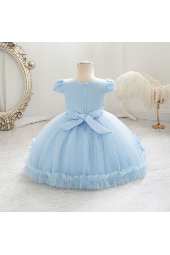 Blush Pink Lace Tulle Flower Girl Dresses with 3D Floral Waist Accent and Petal Trim Formal Wedding Pageant Gown for Toddler Girls XF101031