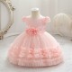 Blush Pink Lace Tulle Flower Girl Dresses with 3D Floral Waist Accent and Petal Trim Formal Wedding Pageant Gown for Toddler Girls XF101031