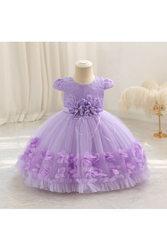 Blush Pink Lace Tulle Flower Girl Dresses with 3D Floral Waist Accent and Petal Trim Formal Wedding Pageant Gown for Toddler Girls XF101031
