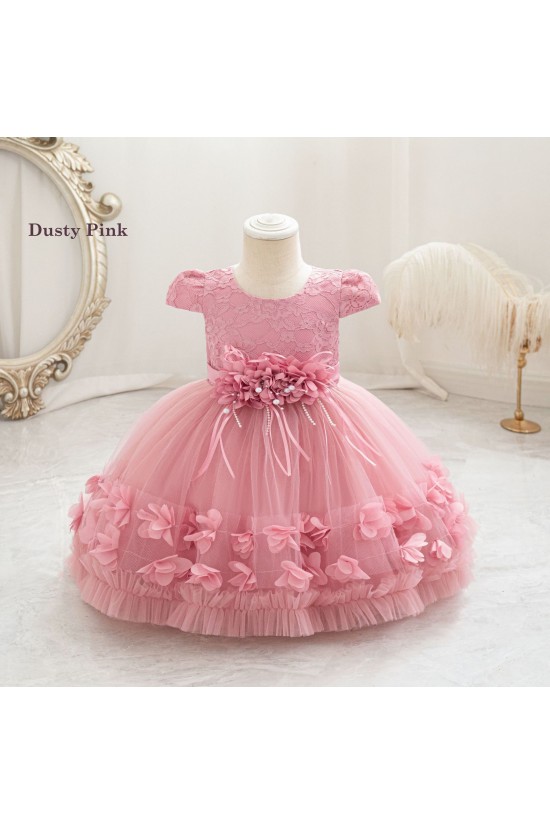 Blush Pink Lace Tulle Flower Girl Dresses with 3D Floral Waist Accent and Petal Trim Formal Wedding Pageant Gown for Toddler Girls XF101031
