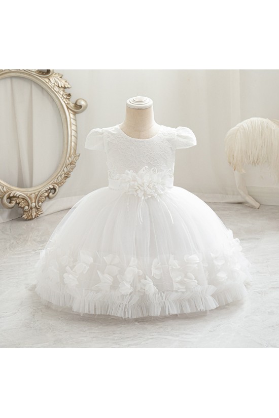 Blush Pink Lace Tulle Flower Girl Dresses with 3D Floral Waist Accent and Petal Trim Formal Wedding Pageant Gown for Toddler Girls XF101031