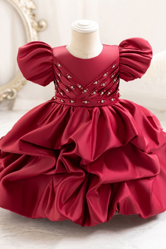 Elegant Pink Satin Flower Girl Dress with Puffed Sleeves and Beaded Details Princess Ball Gown for Toddler Girls XF101033