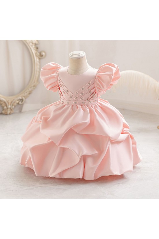 Elegant Pink Satin Flower Girl Dress with Puffed Sleeves and Beaded Details Princess Ball Gown for Toddler Girls XF101033