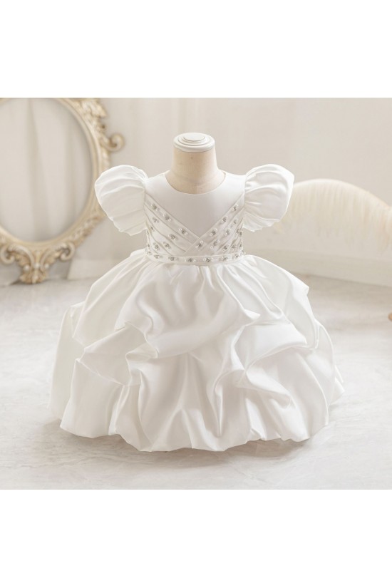 Elegant Pink Satin Flower Girl Dress with Puffed Sleeves and Beaded Details Princess Ball Gown for Toddler Girls XF101033