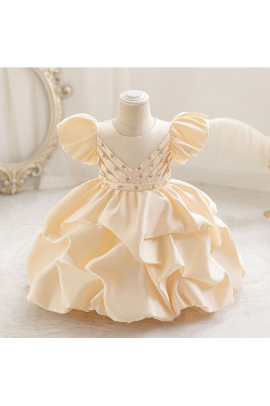 Elegant Pink Satin Flower Girl Dress with Puffed Sleeves and Beaded Details Princess Ball Gown for Toddler Girls XF101033