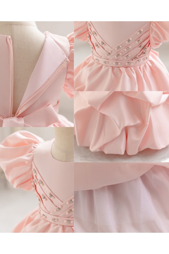 Elegant Pink Satin Flower Girl Dress with Puffed Sleeves and Beaded Details Princess Ball Gown for Toddler Girls XF101033