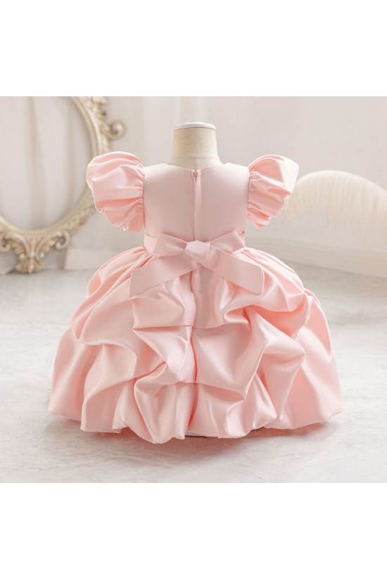 Elegant Pink Satin Flower Girl Dress with Puffed Sleeves and Beaded Details Princess Ball Gown for Toddler Girls XF101033