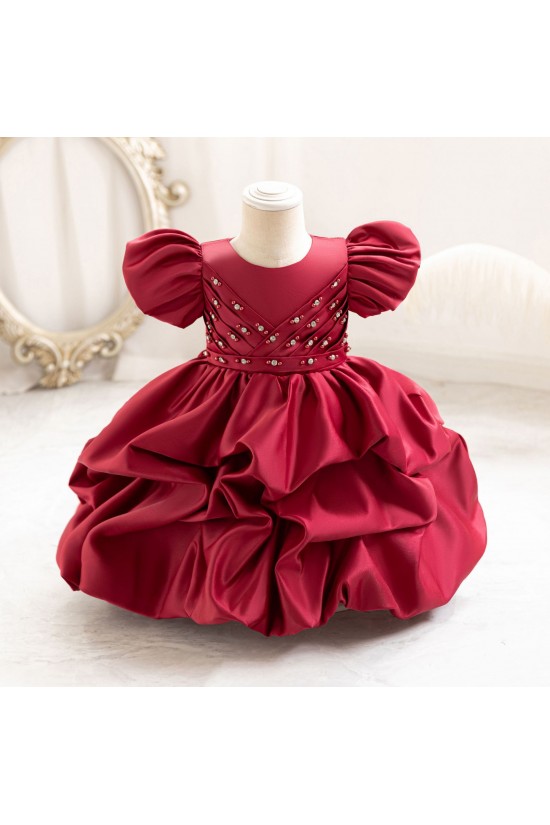 Elegant Pink Satin Flower Girl Dress with Puffed Sleeves and Beaded Details Princess Ball Gown for Toddler Girls XF101033