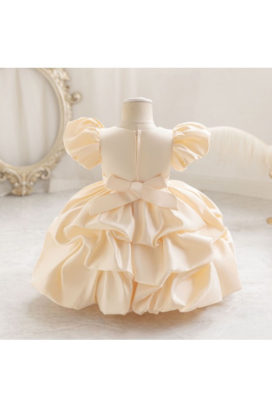 Elegant Pink Satin Flower Girl Dress with Puffed Sleeves and Beaded Details Princess Ball Gown for Toddler Girls XF101033