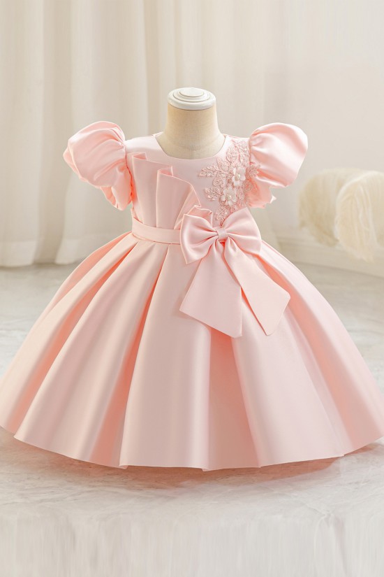 Toddler Light Blue Puffy Sleeve Princess Dress Satin Flower Girl Dresses for Wedding Party XF101034