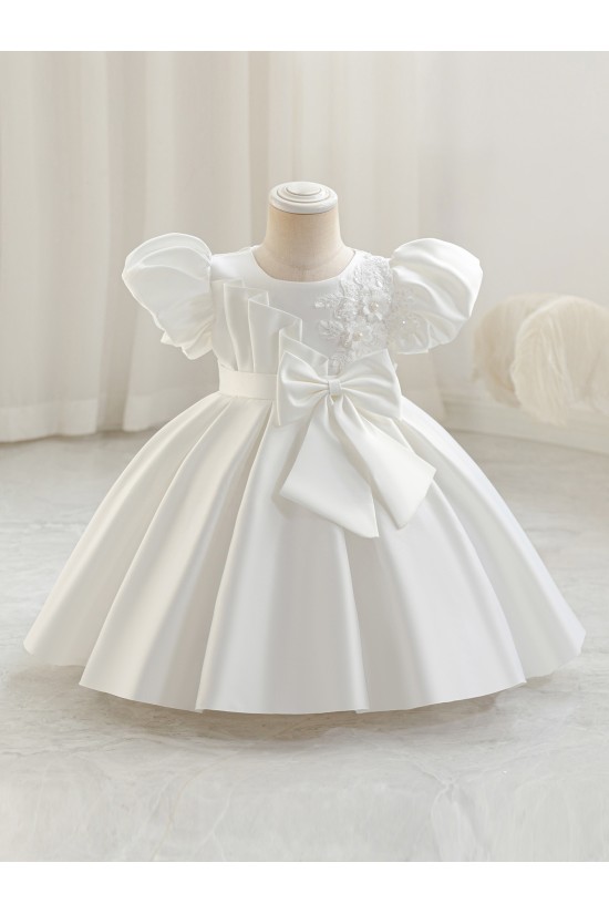 Toddler Light Blue Puffy Sleeve Princess Dress Satin Flower Girl Dresses for Wedding Party XF101034